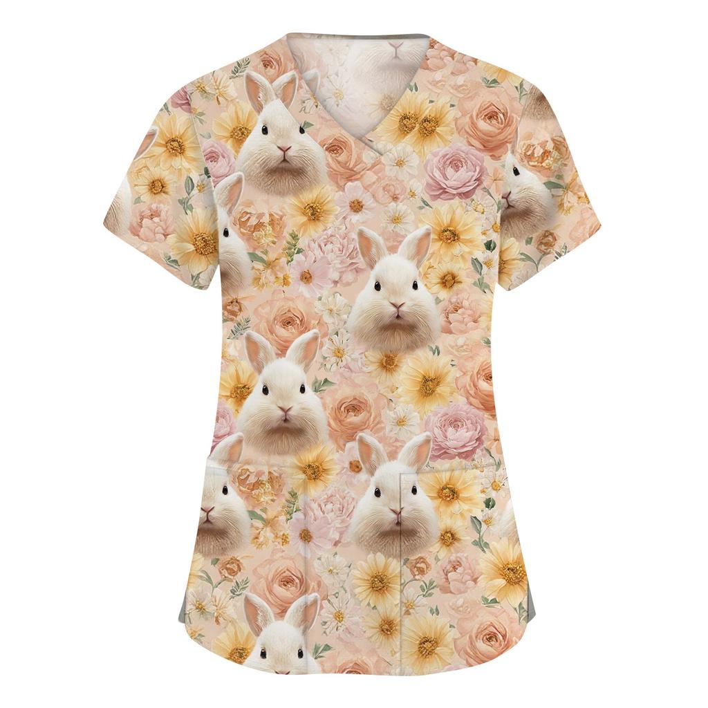 Moda damska Odzież robocza z dekoltem w serek i krótkimi rękawami z kieszeniami Topy z nadrukiem