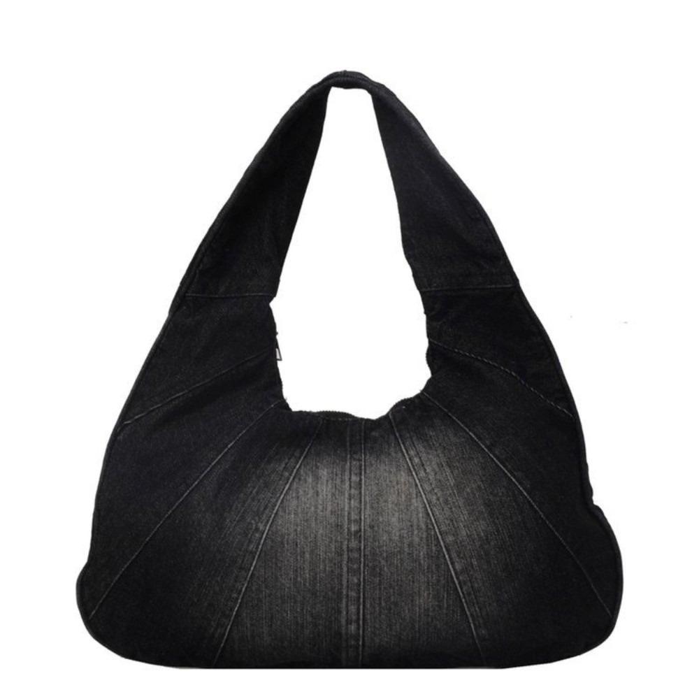 Large Capacity Washed Denim Shoulder Bag Minimalist Design Tote Bag Y2K Style Underarm Bag Women чёрный