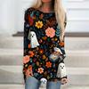 Women's Halloween Printed Long Sleeve Round Neck T-Shirt Mid-Length Casual Top