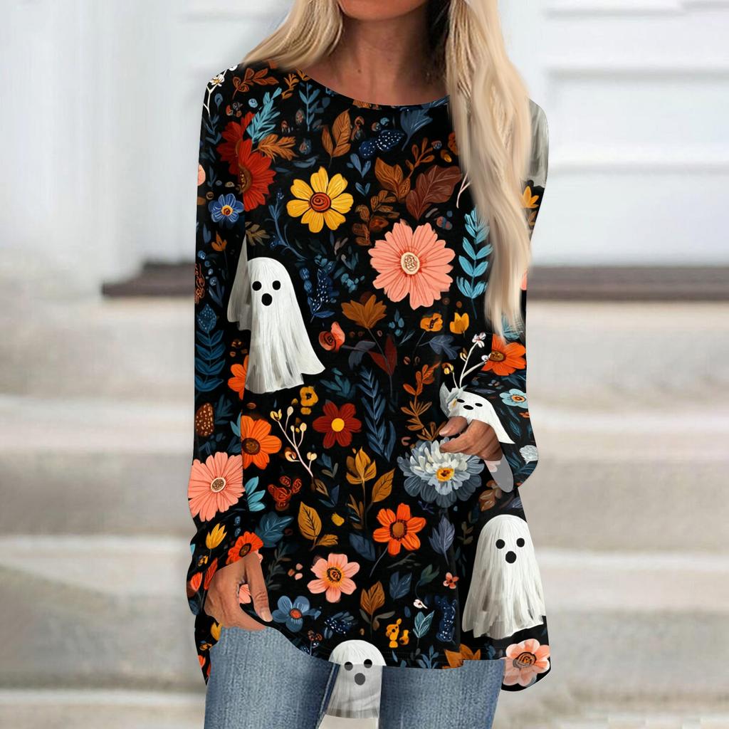 Women's Halloween Printed Long Sleeve Round Neck T-Shirt Mid-Length Casual Top