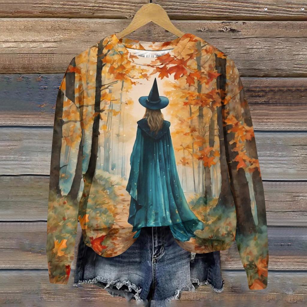 Women's Halloween Print Long Sleeve Neck T-Shirt