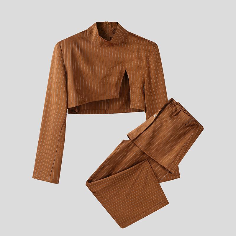 

INCERUN Men Two Pieces Stand Neck Striped Long Sleeve Crop Tops Zip-Up High Waist Long Pants Sets 5XL оранжевый