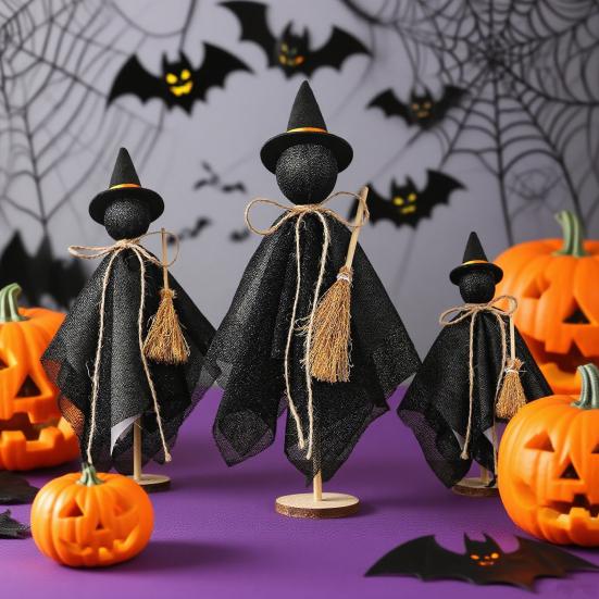 3Pcs/Set Black Witch Decorations Standing Witch with Hat Broomstick Desk Decor Rustic Halloween Centerpieces for Indoor Home Farmhouse Mantel