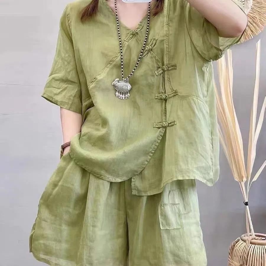 Women's Summer Set: Cotton-Linen Short-Sleeve Top + Shorts, Loose-Fitting Casual Two-Piece Set