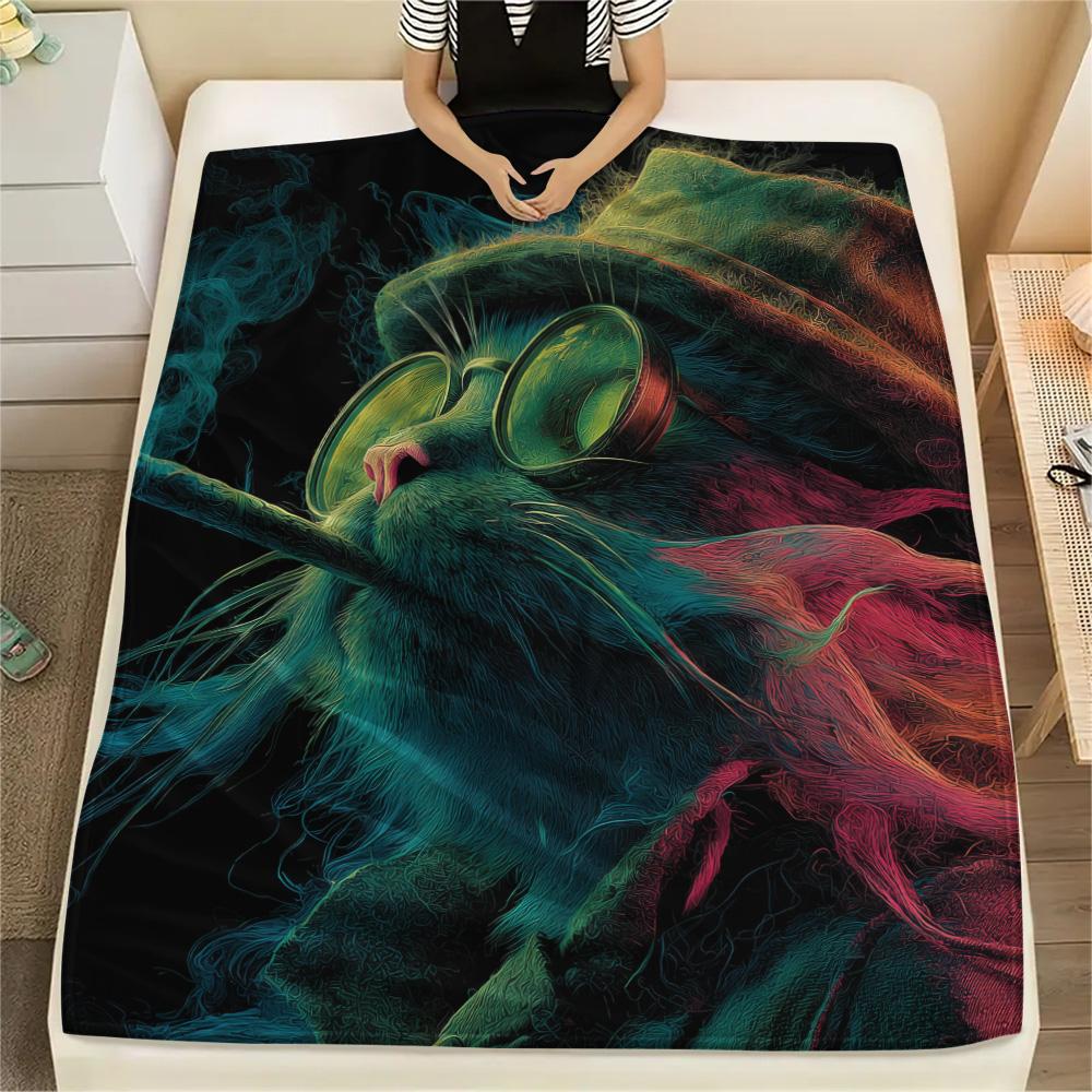 Neon Cats  Print Flannel Blanket, High quality Comfortable for All Seasons, Home Decor, Warmth and Comfort