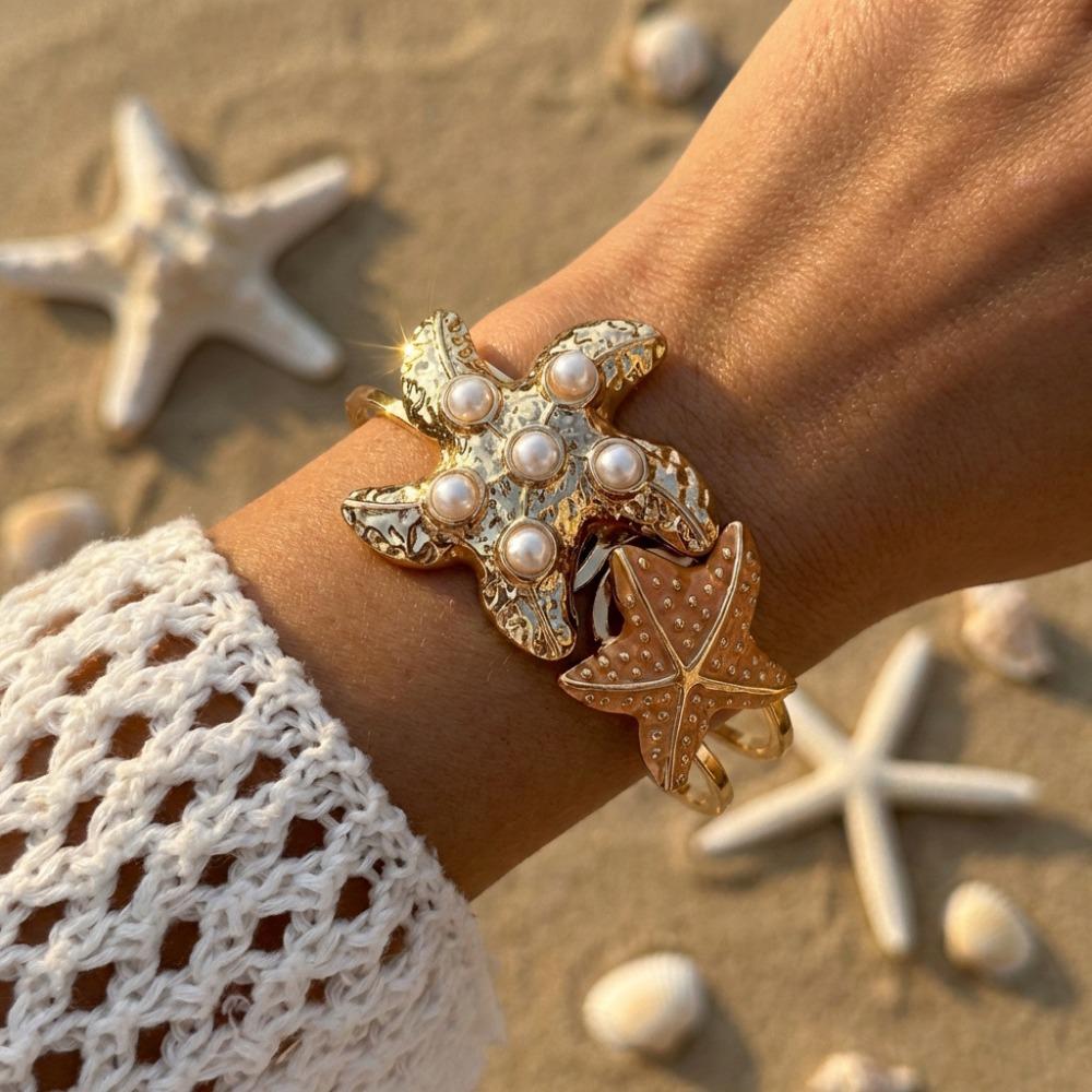 

Pearl Shell Starfish Cuff Enamel Bohemian Beach Jewelry Retro Metal Bracelet Party Jewelry Style 4