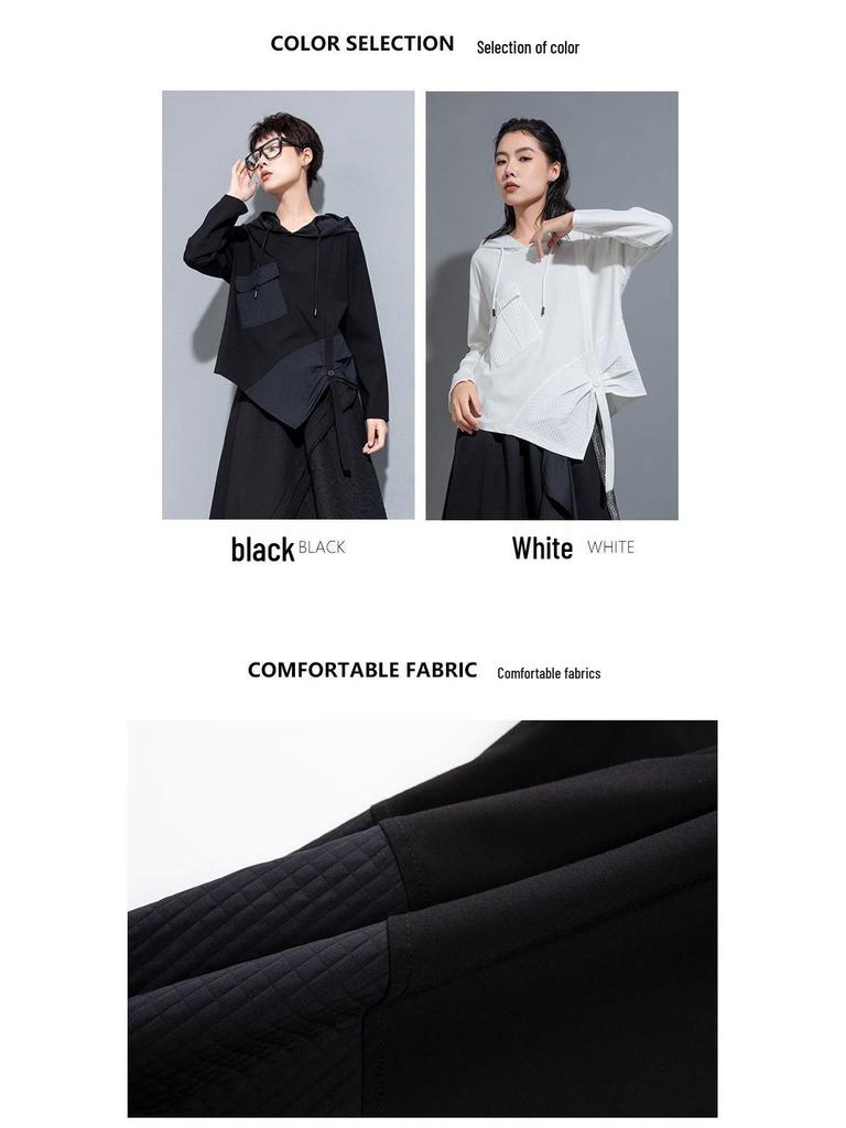 Women's Plus Size Irregular Hooded Patchwork Sweatshirt with Ribbon - Casual Long Sleeve