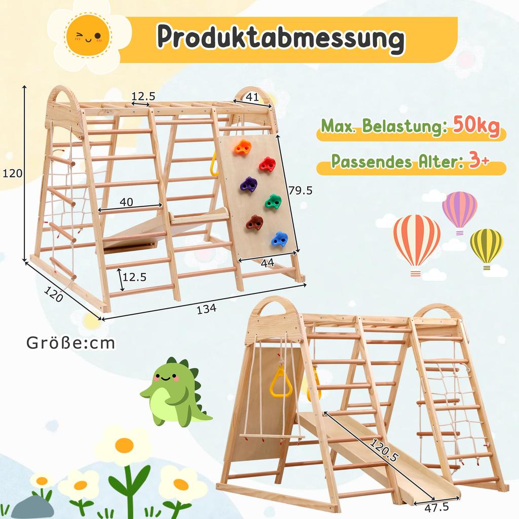 Sprossenwand Indoor Klettergerüst Kinder, Holz Kletterwand m. Rutsche, Schaukel, Krabbelleiter, Klimmzug, Ringe, bis 50kg, Natur/Weiß