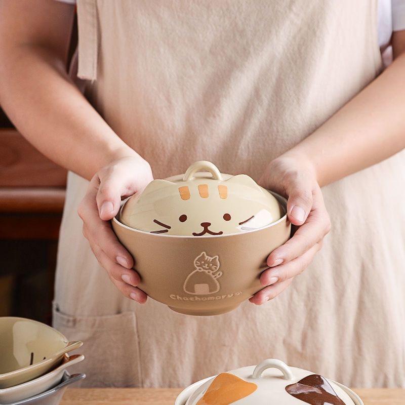 Japanese Cat Ceramic Noodle Bowl with Lid – Cute Ramen, Noodle, and Soup Bowl for Home or Gift