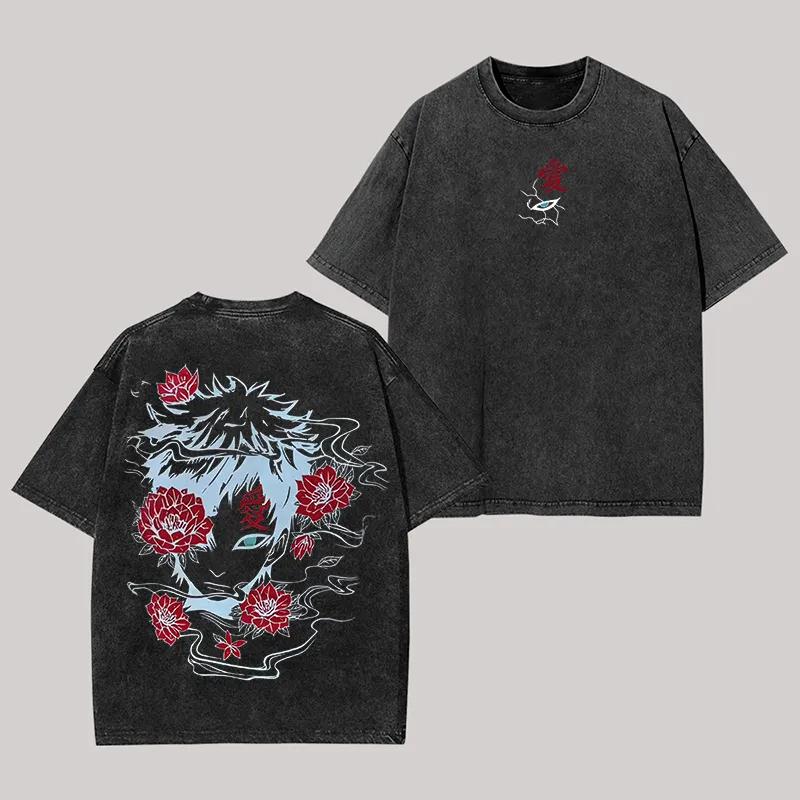 

Gaara Floral Tshirt Naruto Manga Tee Vintage Washed Oversized Retro Anime Harajuku Streetwear Mens Graphic Clothes Top Gift M
