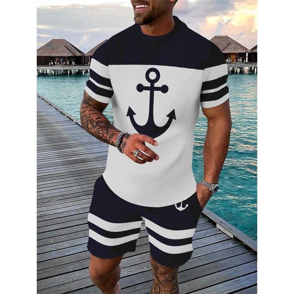 New Men's Hawaiian Two-Piece Set Beach Coconut Tree Print Crew Neck Short Sleeve Shirt Drawstring Shorts Casual Vacation Outfit