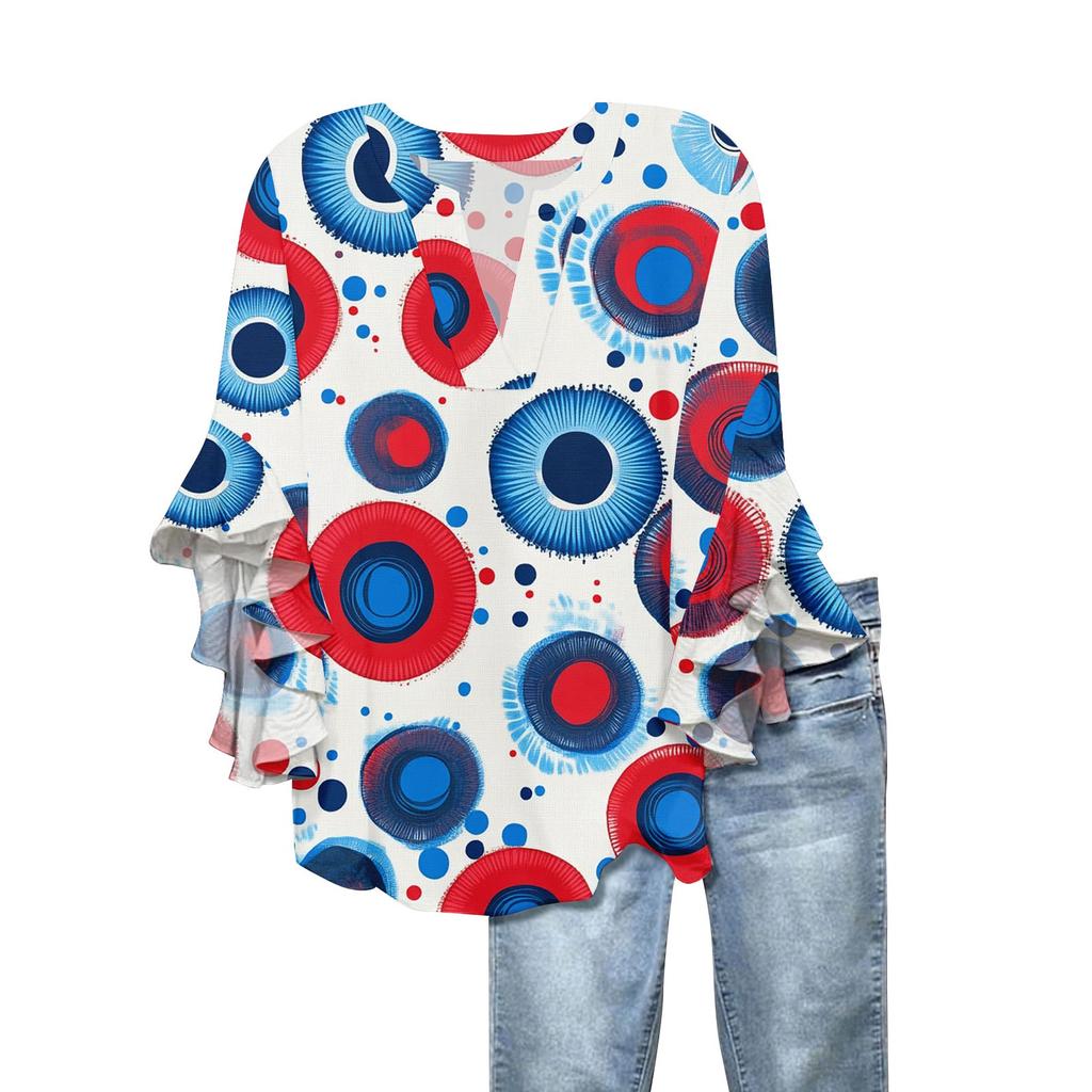 3/4-Ärmel-Hemden für Damen, bedruckte Grafik-T-Shirts, Blusen, lässige Oberteile in Übergröße, Basic-Oberteile mit Rüschenärmeln, Unabhängigkeitstag