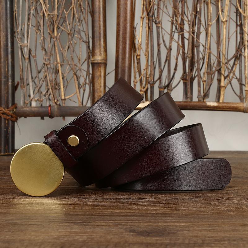 First Layer Cowhide Belt Men's Leather Smooth Round Buckle Belt Men's Korean Style Retro Easy Matching Buckle Fashion