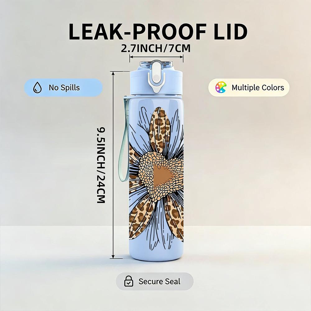 1PC Leopard Sunflower 750ml Color Plastic Sports Water Bottle Leakproof Flip Straw Lid Suitable for Sports Office Home Use