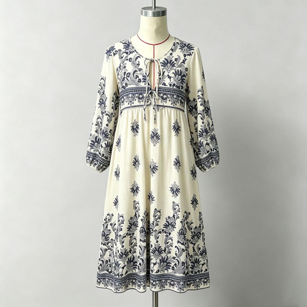 European and American Bamboo Hemp Positioning Printing Fringed Bohemian Wide Beach Vacation Dress