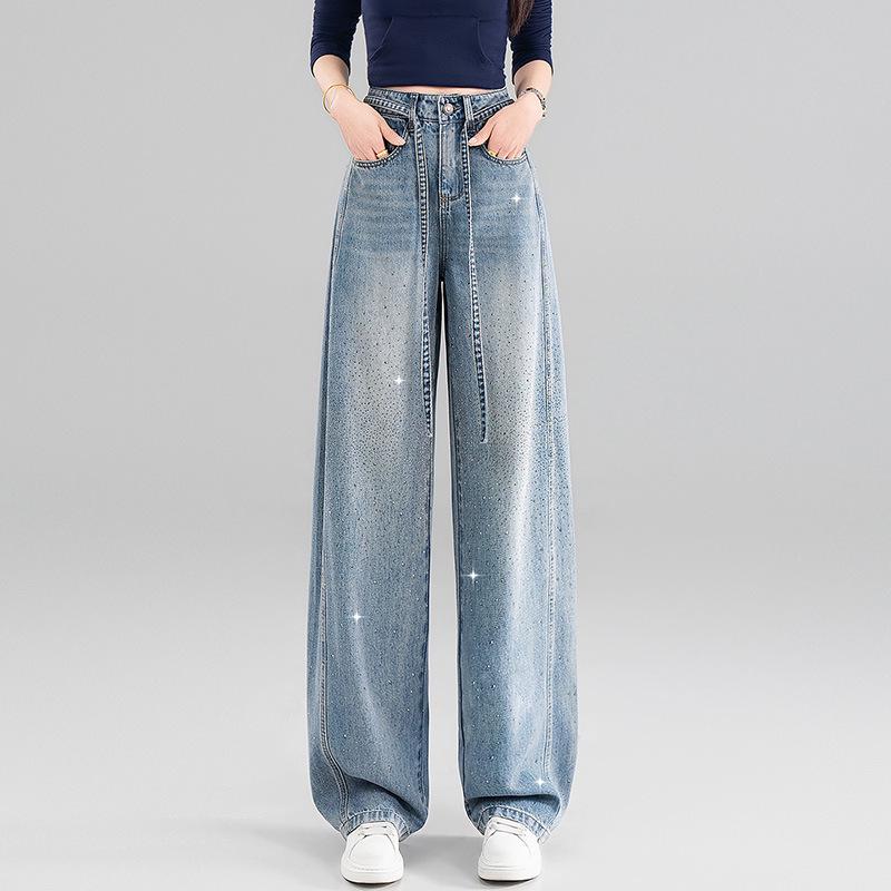 Women s Shiny Rhinestone High-Waist Denim Wide-Leg Pants (Spring/Summer 2026) Large