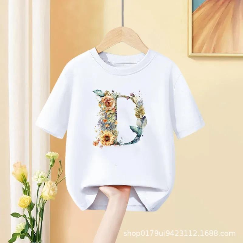 Floral AZ Kids Tshirt 26 Letters Cute ABCD Cartoon Short Sleeve Tee for Girls Summer Fashion Polyester Fabric