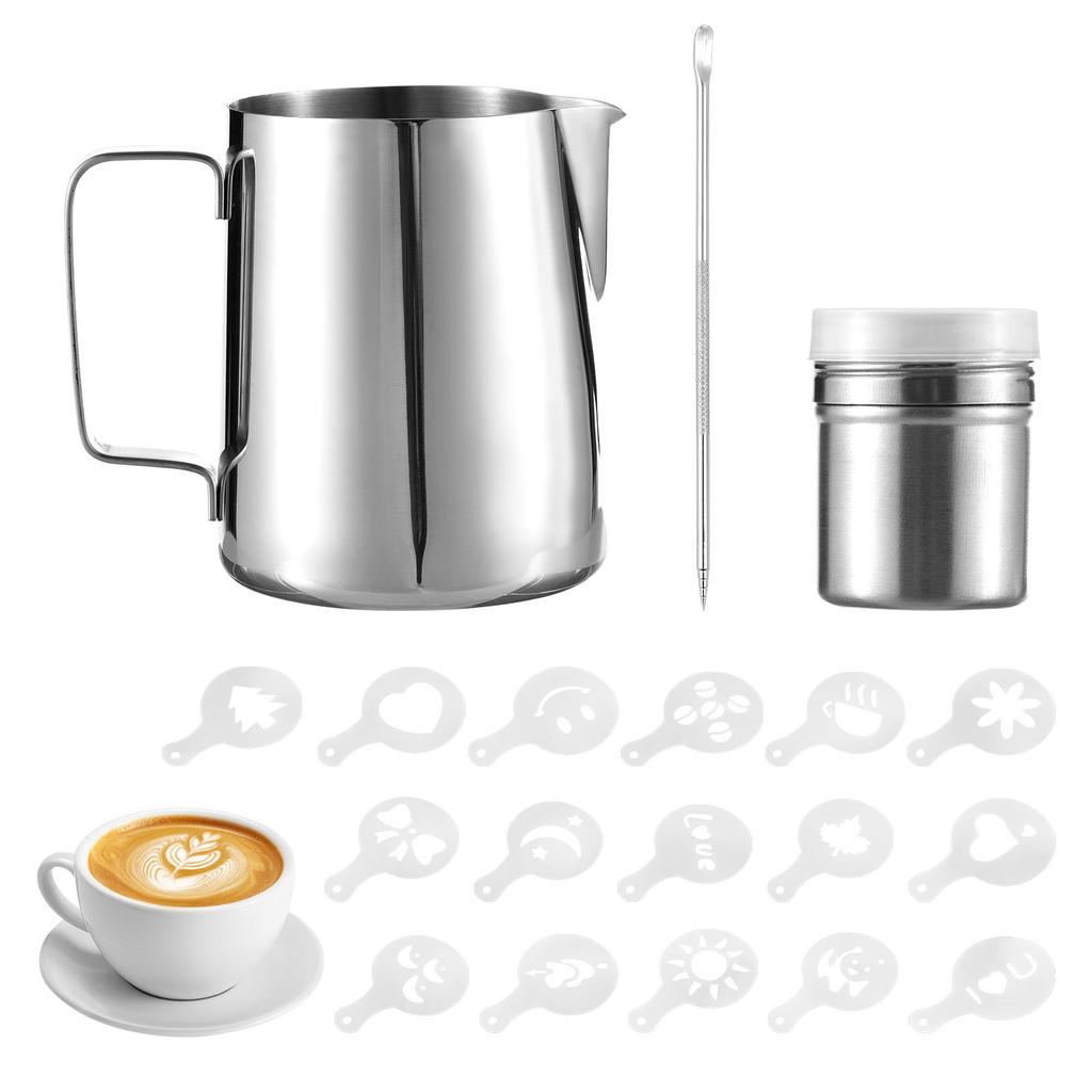 19pcs Coffee Art Set 12oz 350ml Stainless Steel Milk Frothing Pitcher with Scale Powder Shaker Art Pen and 16pcs Coffee