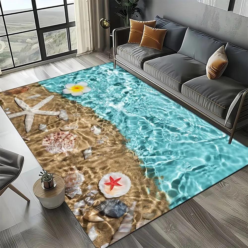 Starfish Beach Shell Sand Pattern Area Rug Coastal Ocean Carpet for Living Room Bedroom Kids Play Room Non-Slip Floor Mat
