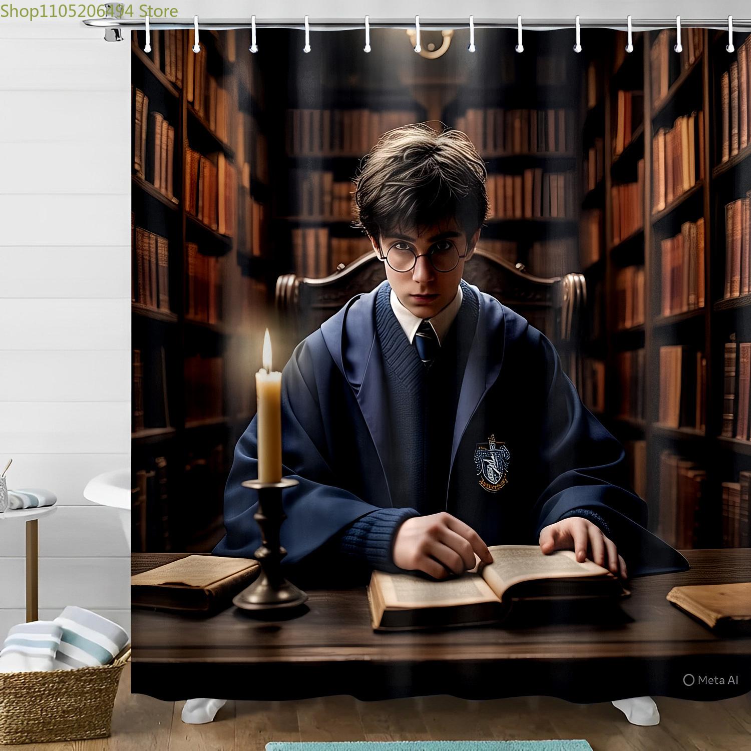 

Shower Curtain Featuring a Magical School Theme from Warner Bros., Depicting a Wizard Reading by Candlelight, Perfect for Vale 90x180cm