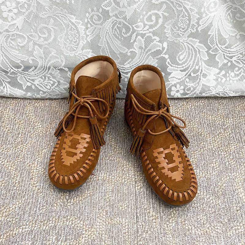 High-end Autumn and Winter New Martin Boots Round Head Retro Flat Bottom Strap Low Tube Versatile Breathable Soft Bottom Fringed Boots