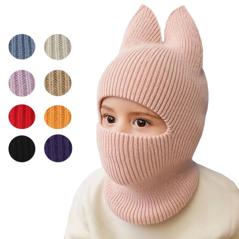 New Cartoon Winter Cat Ear Balaclava Neck Warmer Cute Knitted Hat with Detachable Face Cover for Boys Girls Warm Ear Protection