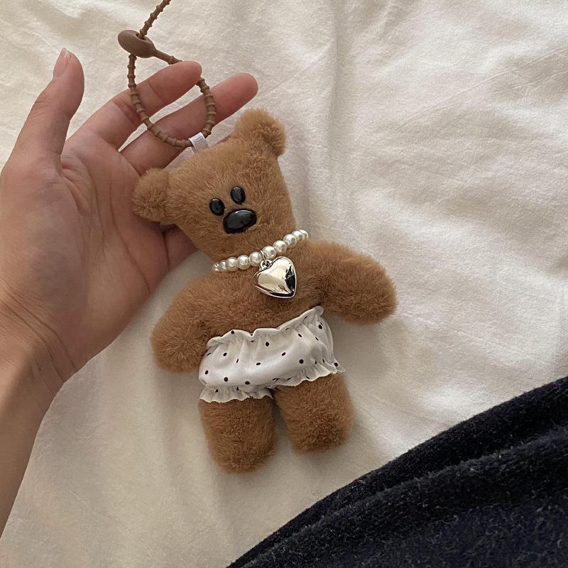 Creative Tilted Head Teddy Bear Polka Dot Underwear Necklace Plush Doll Bag Pendant, Coffee Bear Keychain