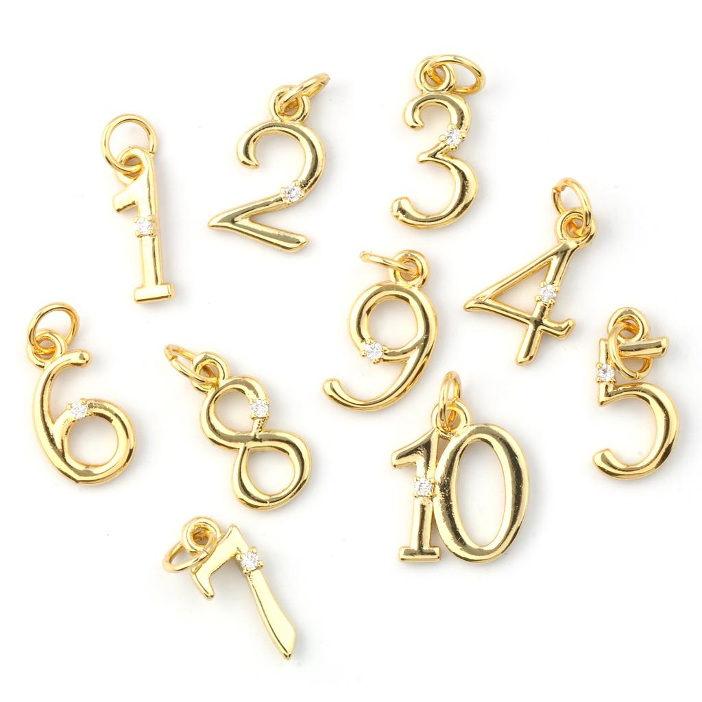 5pcs Brass Charms 18K Gold Plated Number Clear Cubic Zirconia "1-10" Pendants for Man Women Fashion Necklace Jewelry Making