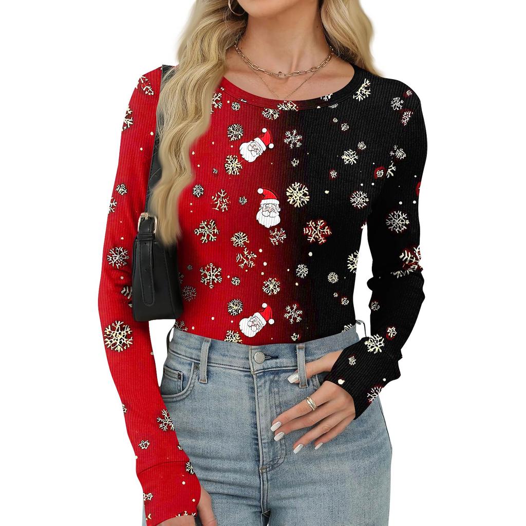 Women's Winter Slim Bottom T-shirt Fashion Casual Gradient Printing Round Neck Pullover Long Sleeve Top