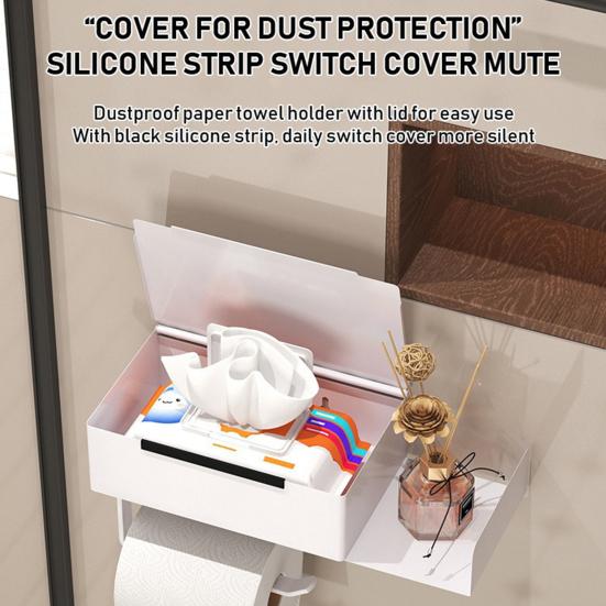 Toilettenpapierhalter mit Ablage und Schublade Wandmontierter Badezimmer-Organizer Rollenhalter Staubdichter Wischtuchspender für platzsparende Aufbewahrung