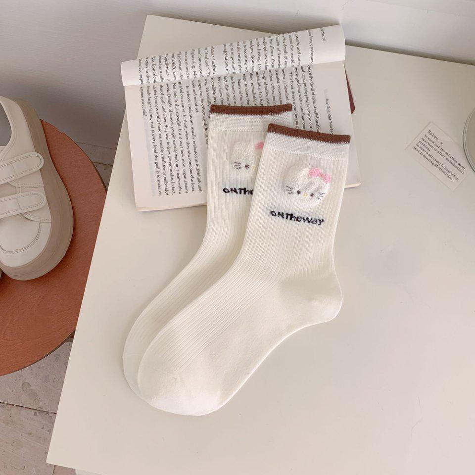 Cotton Cat Socks: Women's Mid-Calf, Spring/Autumn, Japanese & Korean Preppy Styles, Flocked Pile, Long Socks.