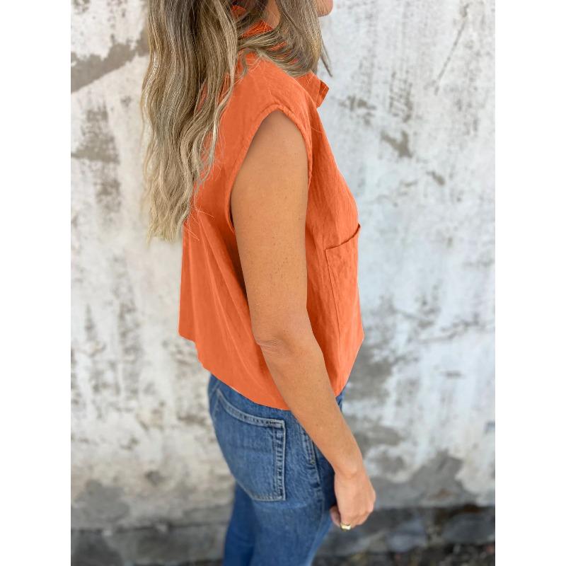 Summer Blouses Collar Loose Pocket Short Sleeved Women's Shirts Solid Color Fashion Shirt Top