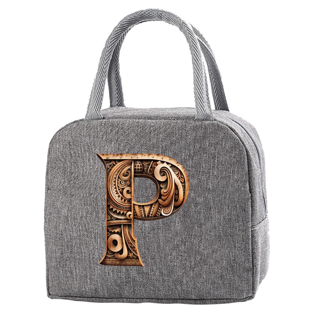 Portable Food Insulation for Traveling Wood Art Letter Printing Box Picnic Waterproof Oxford Zipper Insulation Lunch Bag