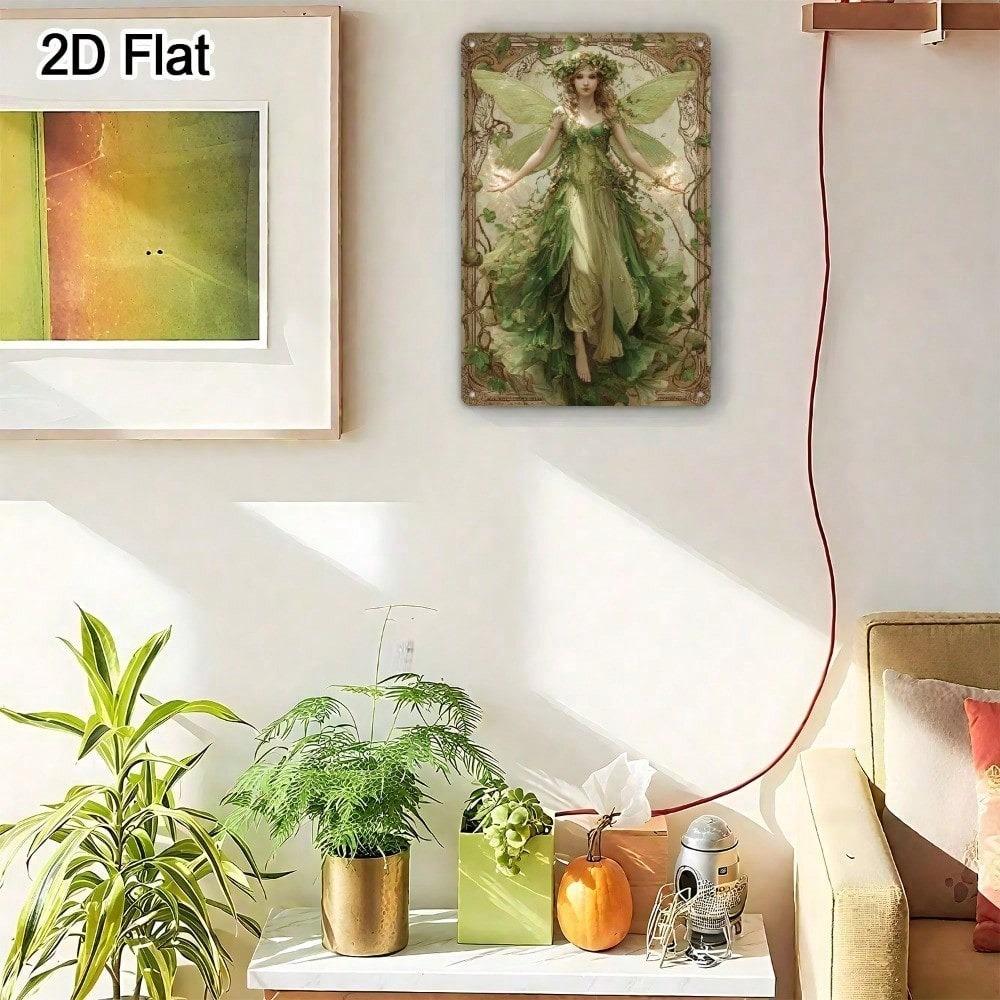 Enchanted Forest Fairy Metal Wall Art, 8x12 Inch Vintage Green Fairy With Floral Dress & Leaf Wand, Rustic Iron Fantasy Bedroom