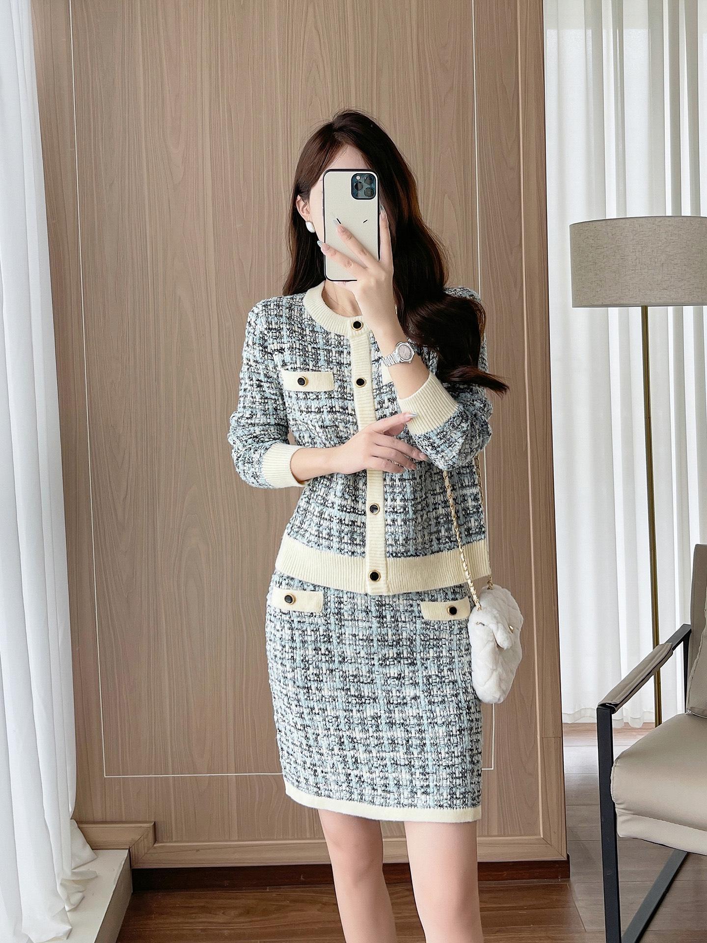 

Женский вязаный комплект из двух частей с цветными блоками 2025: Топ с длинным рукавом и юбка с высокой талией XL