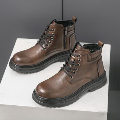 FashionBrand Leather Fashion Motorcycle Boots Men Lace-Up Male Ankle Boots Men's Casual High Top Shoes New All-match Men Walking Shoes