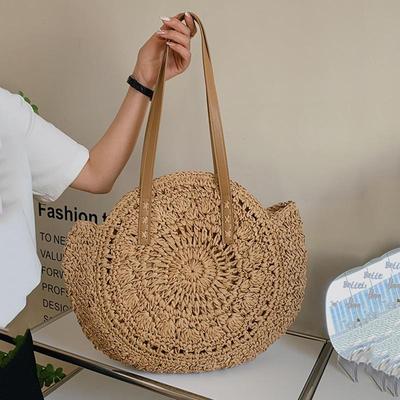 Summer Round Straw Bag For Women Vacation Woven Beach Bag Large Capacity Shoulder Bag Simple Shopping Handbag Tote Sac