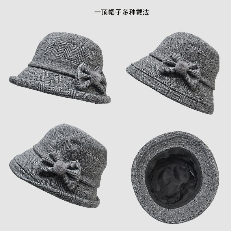 Middle-aged and Elderly Hat Lady Autumn and Winter Warm Woolen Bucket Hat Mother Grandma Old Lady Hat Bow Basin Hat