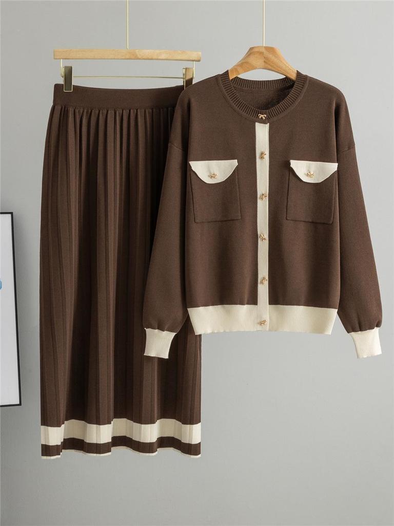 2026 Spring Women's Pleated Skirt & Round Neck Cardigan Set