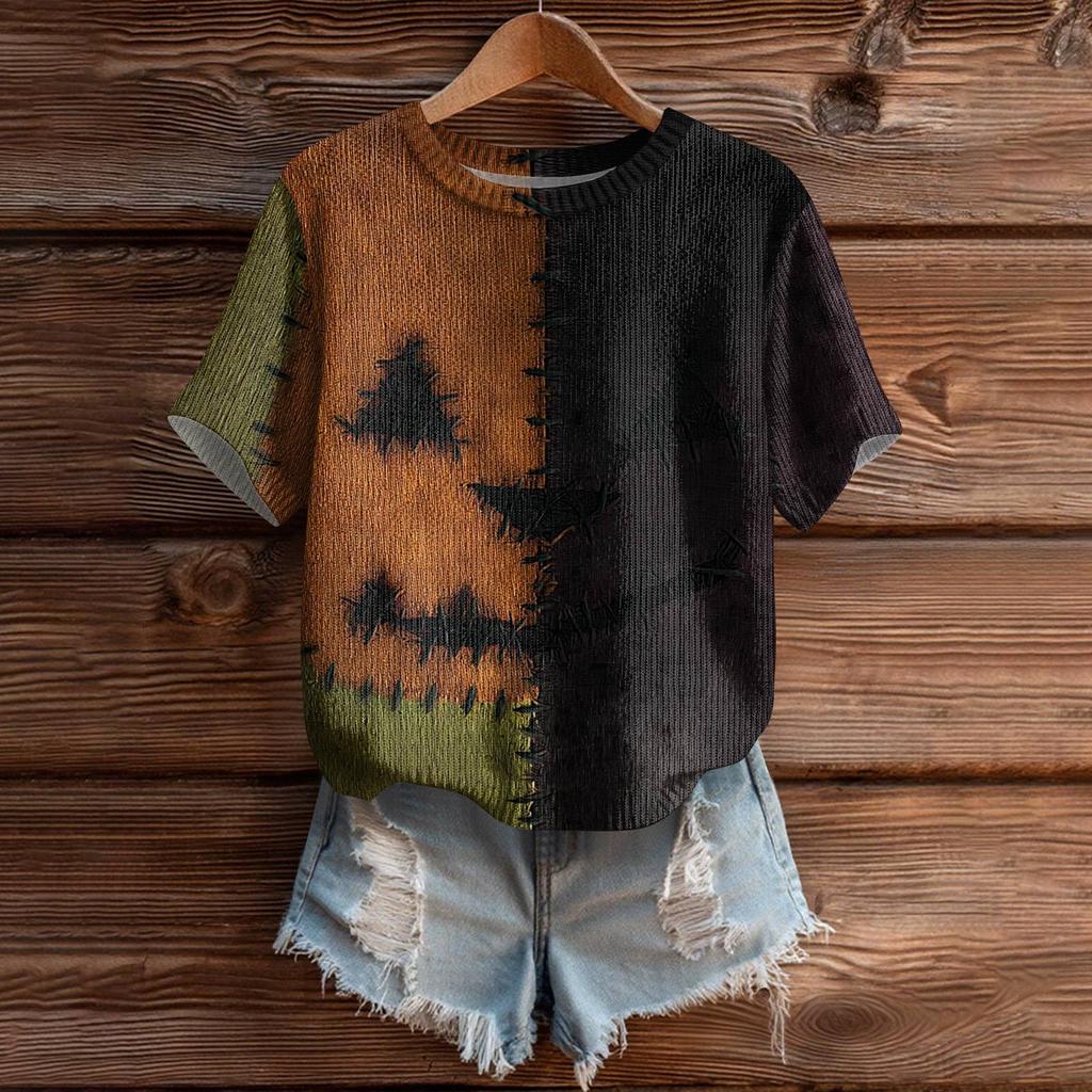 Women's Cute Sweater Knitted Fashion Casual Round-neck Short-sleeved  Cozy Print Top