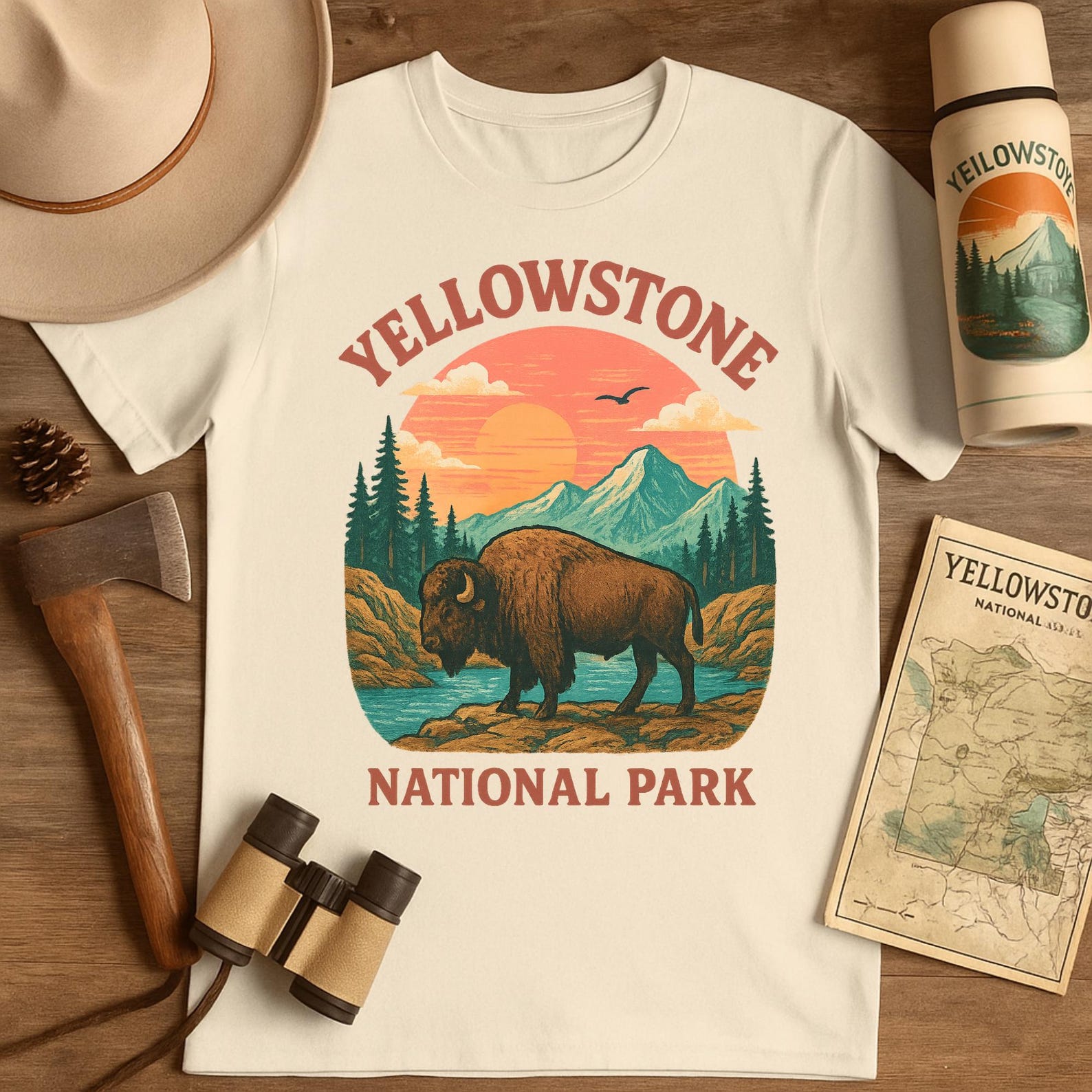 Yellowstone National Park Bison T-Shirt – Vintage Retro Wildlife Graphic Tee, Nature Hiking Camping Shirt. 2XL