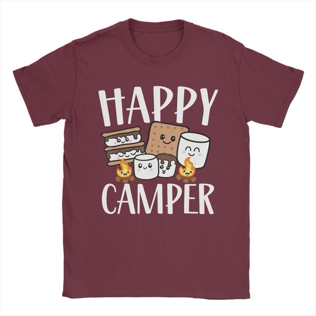 Kawaii Smore Happy Camper Camping Cotton TShirt For Men Summer Funny T Shirts O Neck Hipster Tees Plus Size Custom Logo Tops