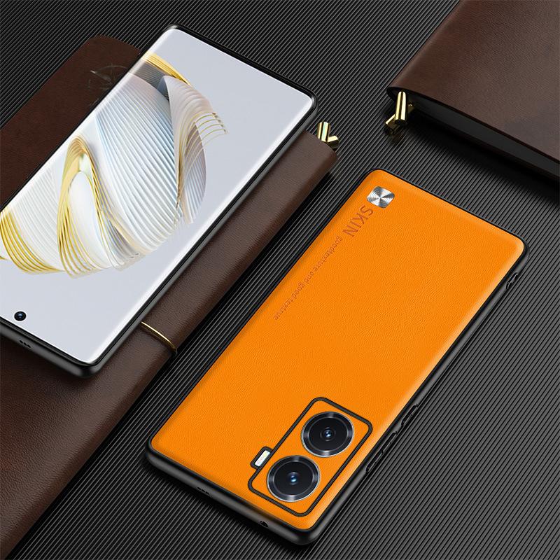 Applicable to vivoY77 mobile phone case lens all-inclusive Y02S business square plain leather soft case Y76S protective case CD pattern