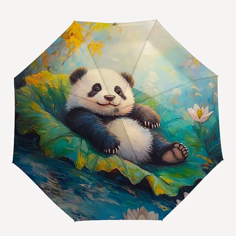 1pc Panda in Lotus Pond Umbrella with Plastic Handle,Suitable for All Seasons Umbrellaptys26095
