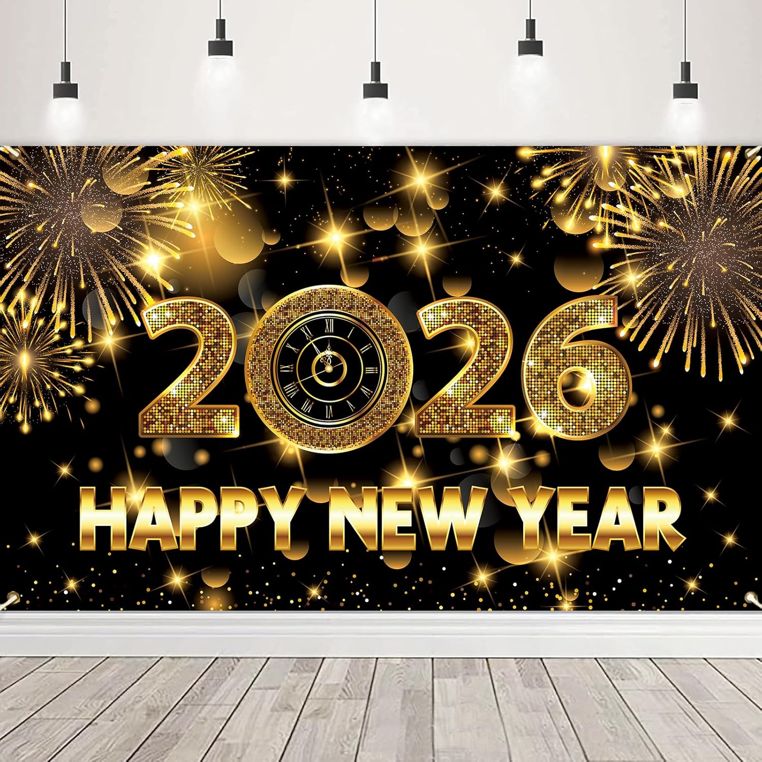 Happy New Year Backdrop, 72 x 44 Inch Large Happy New Year Banner 2026 Black Gold Background Banners for New Years Decorations 2026
