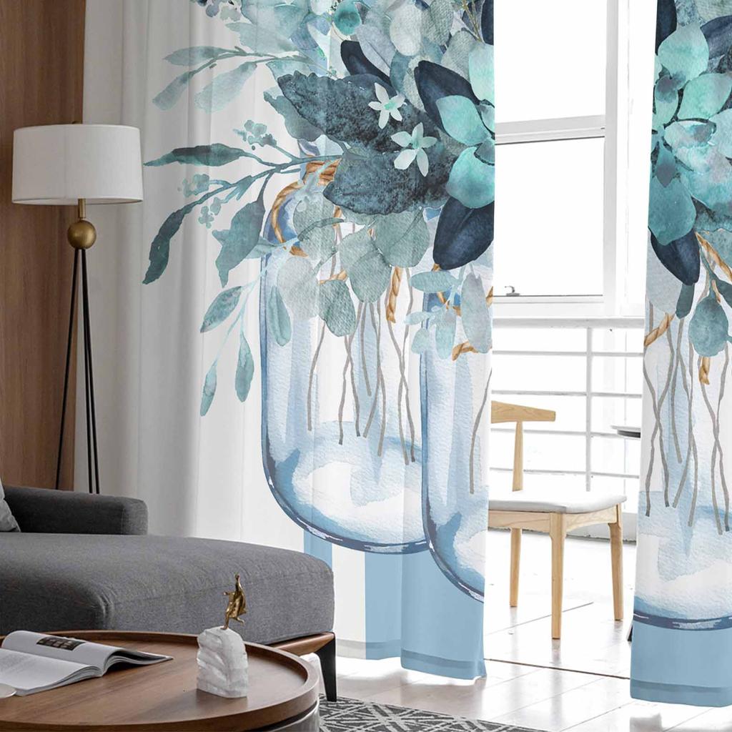 Spring Summer Eucalyptus Leaves Stripes Blue-Green Tulle Window Curtains for Bedroom Luxury Drapes in Living Room Chiffon Panels