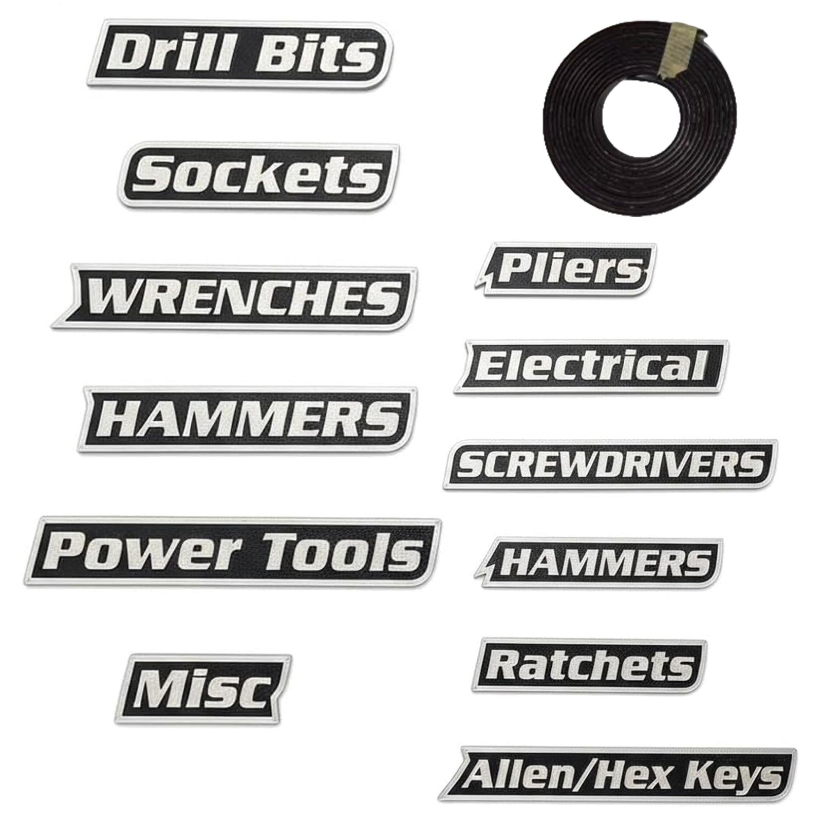 

12pcs Magnetic Toolbox Drawer Tags Bold Easy-to-Read 3D Magnetic Tool Organization Labels Sticker for Quick Identifying Tool Box чорний