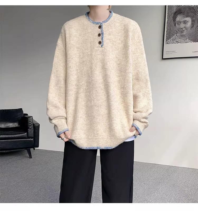 Men s Retro Henley Collar Sweater – Autumn/Winter Loose Knitwear for Couples Extra Large