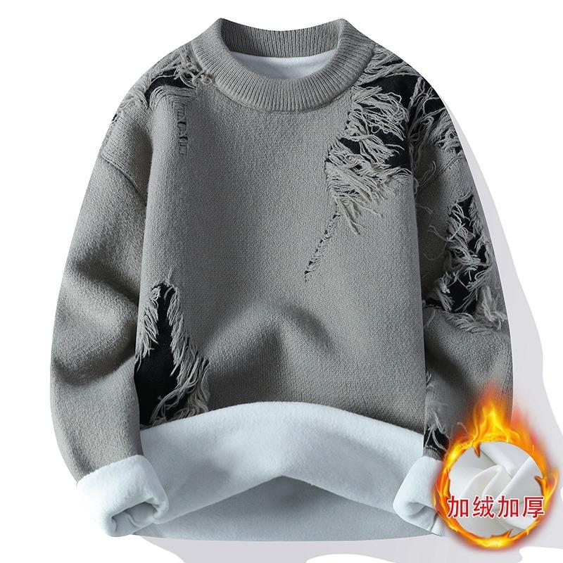 

Мужской пуловер с длинными рукавами, контрастным узором, рельефной вязкой, круглым вырезом, модный вязаный топ-основа L серый