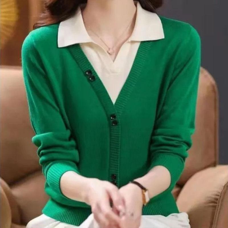 Pulover european 2023 de primăvară pentru femei Design Sense cu mânecă lungă, buton de îmbinare, pulover fals din două piese, pulover tricotat pentru femeie